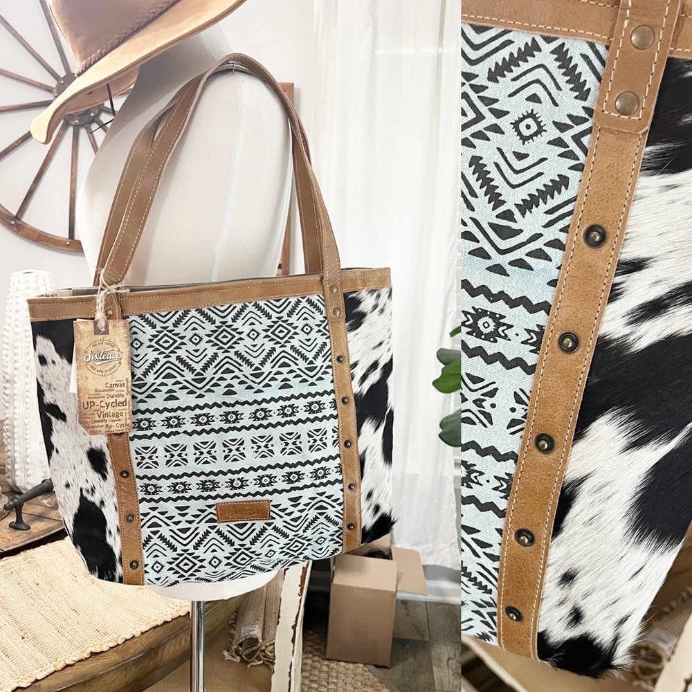 NWT Talisman Tote Bag Leather Hair On Upcycled Canvas